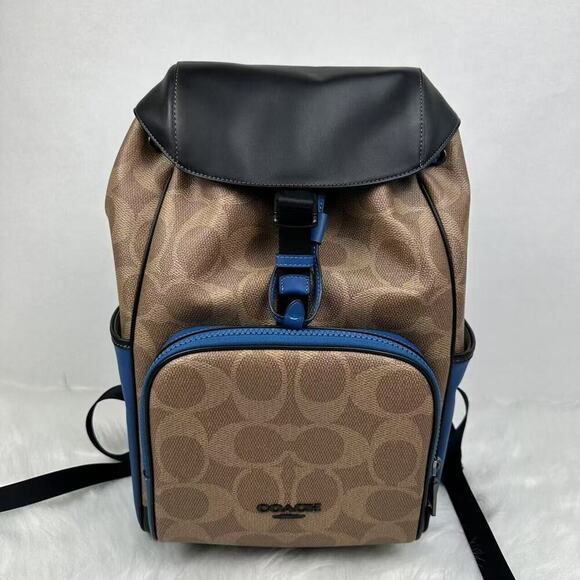 Coach Racer Backpack In Blocked Signature Canvas & Leather Tan/Blue NWT CY775 - Picture 1 of 13